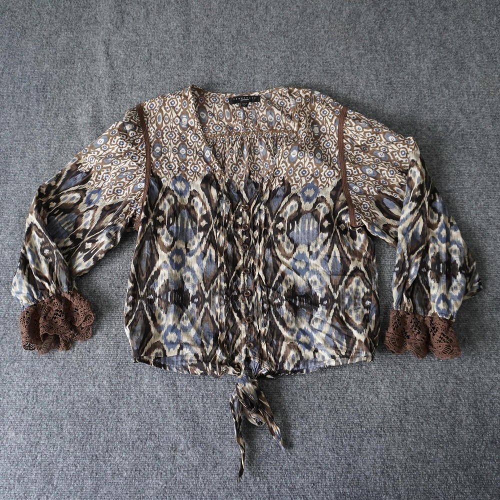 Sanctuary Tie-Front Blouse Top Bohemian Boho Print‎ Crochet Trim Women's Small